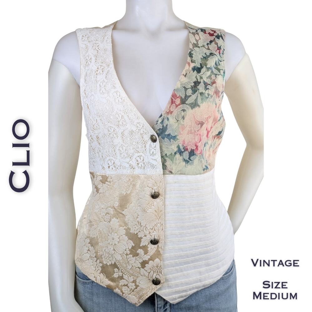 Vintage 90s Clio Vest Medium Multicolor Patchwork Floral Lace Tapestry Boho